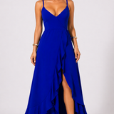 Vestido Longo Azul com Alças Finas e Fenda Elegante