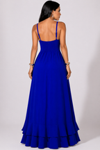 Vestido Longo Azul com Alças Finas e Fenda Elegante