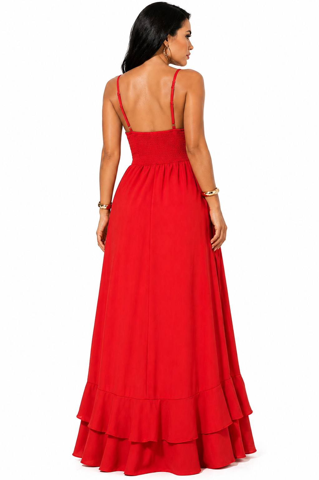 Vestido Longo Laranja com Alças Finas e Fenda Elegante