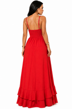 Vestido Longo Laranja com Alças Finas e Fenda Elegante