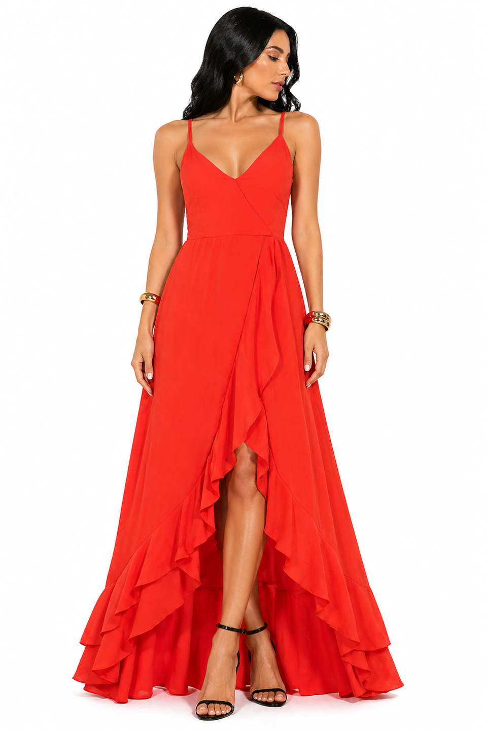 Vestido Longo Laranja com Alças Finas e Fenda Elegante