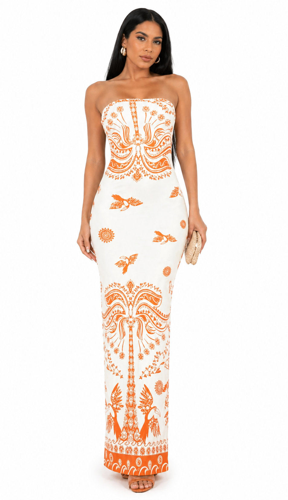 Vestido Glamour Clássico Bianca com Estampa Exclusiva Laranja