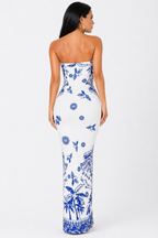 Vestido Glamour Clássico Bianca com Estampa Exclusiva Azul