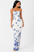 Vestido Glamour Clássico Bianca com Estampa Exclusiva Azul
