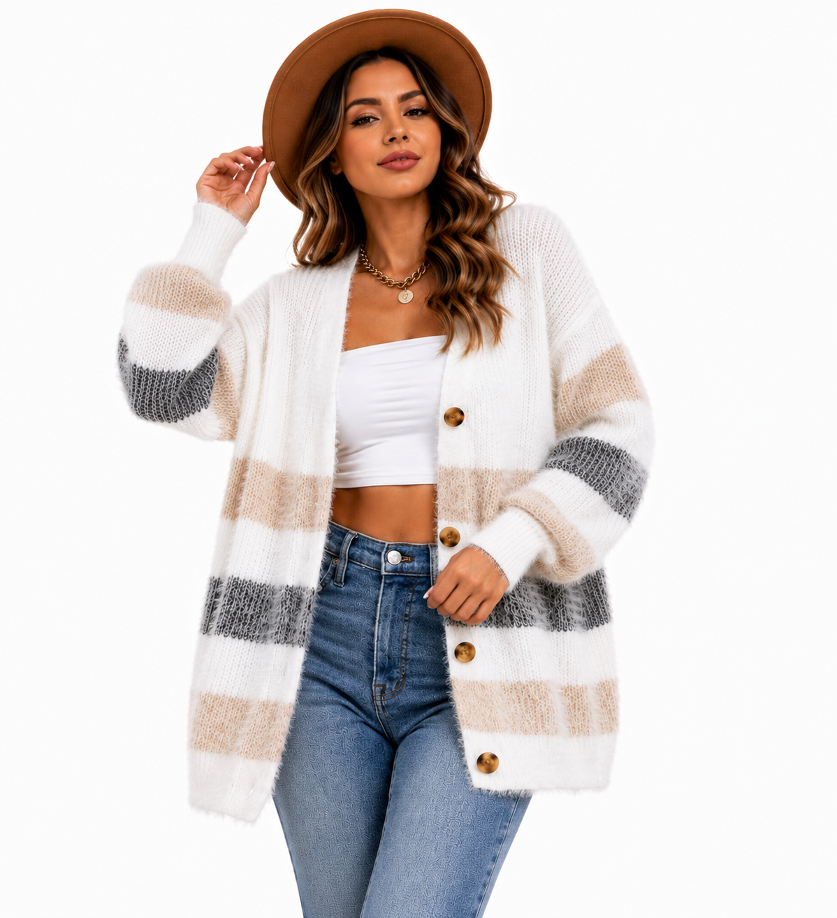 Cardigan Feminino Tricô Listrado Caramelo Soft