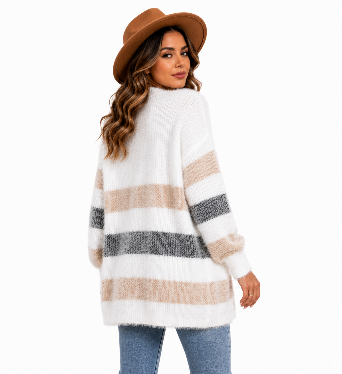 Cardigan Feminino Tricô Listrado Caramelo Soft