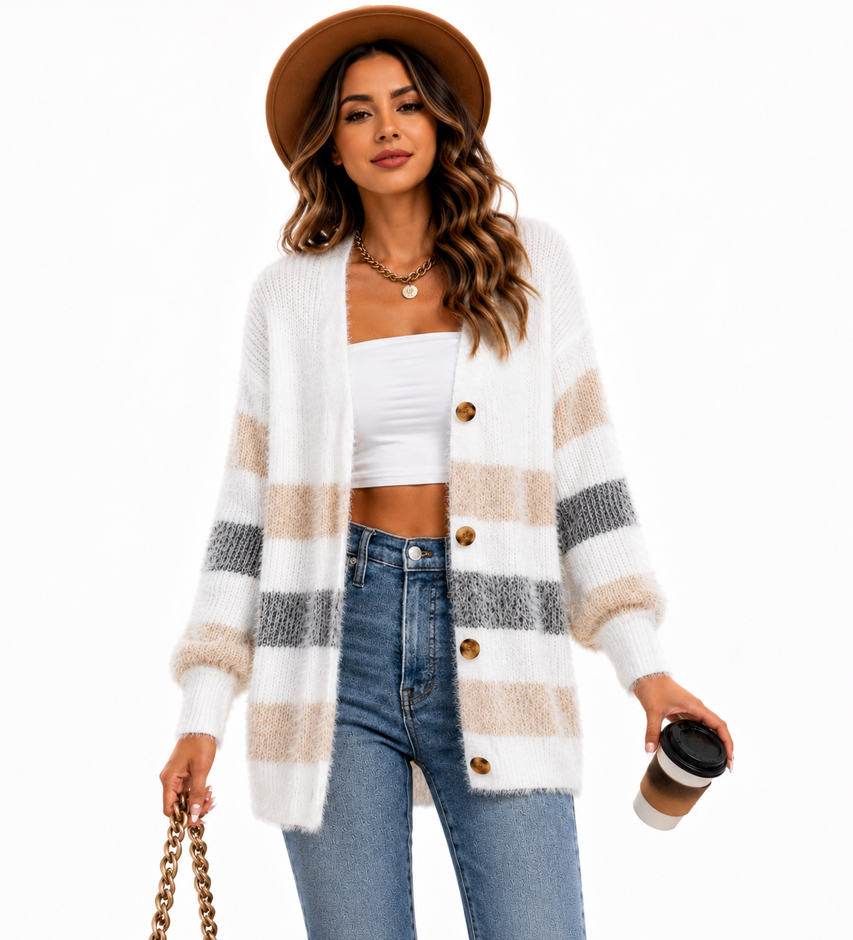 Cardigan Feminino Tricô Listrado Caramelo Soft