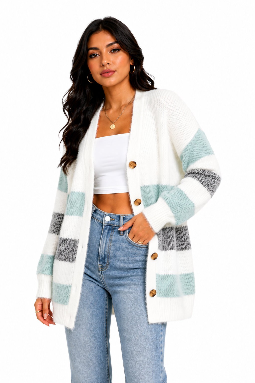 Cardigan Feminino Tricô Listrado Mint Soft