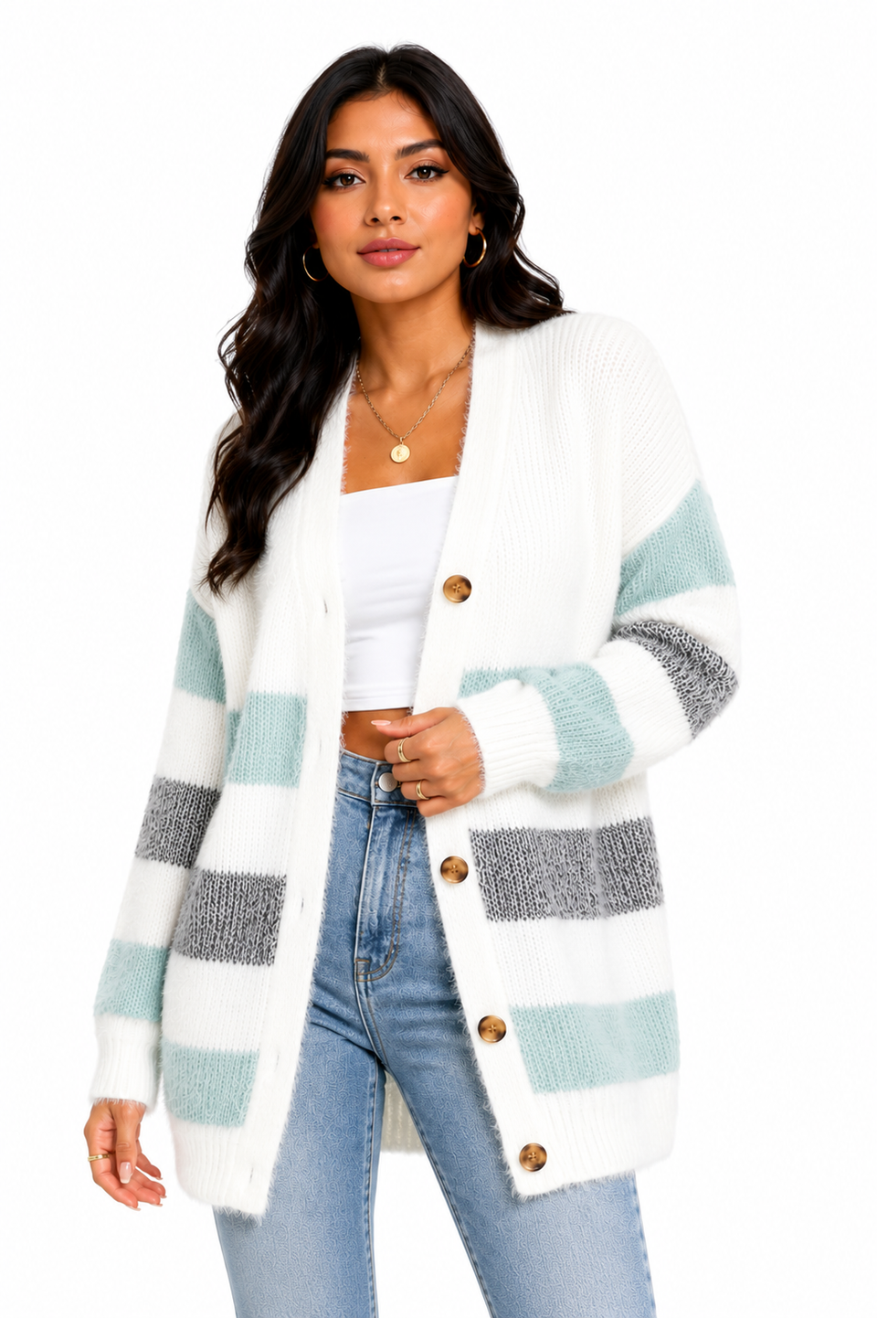 Cardigan Feminino Tricô Listrado Mint Soft