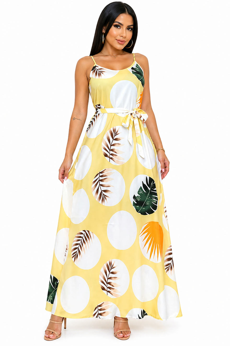 Vestido Longo com Estampa Tropical Alana Damasco