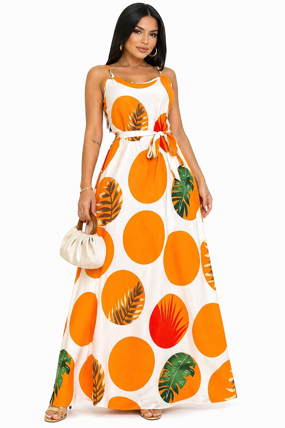 Vestido Longo com Estampa Tropical Alana Laranja