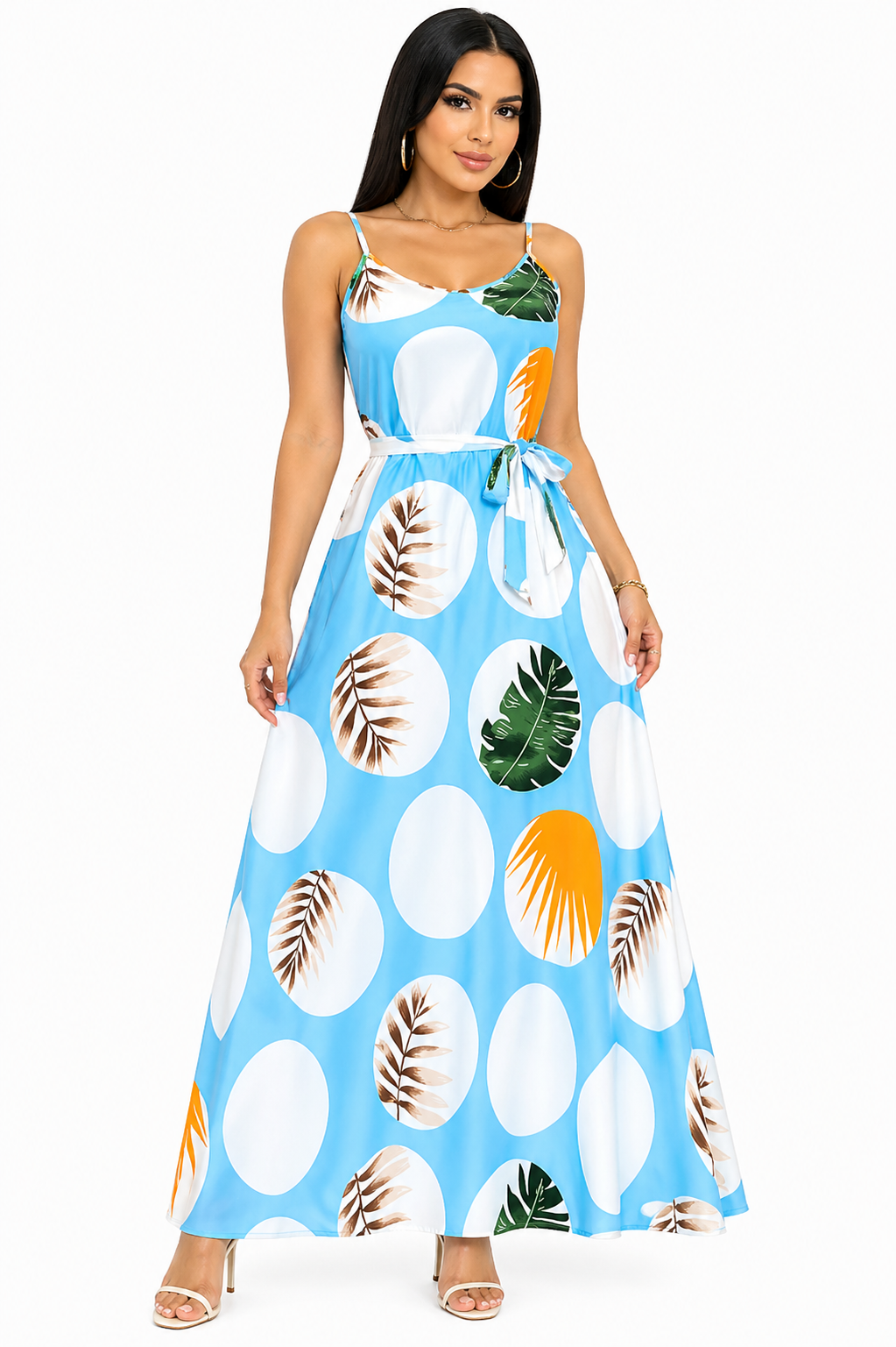 Vestido Longo com Estampa Tropical Alana Azul Claro