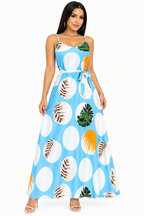 Vestido Longo com Estampa Tropical Alana Azul Claro