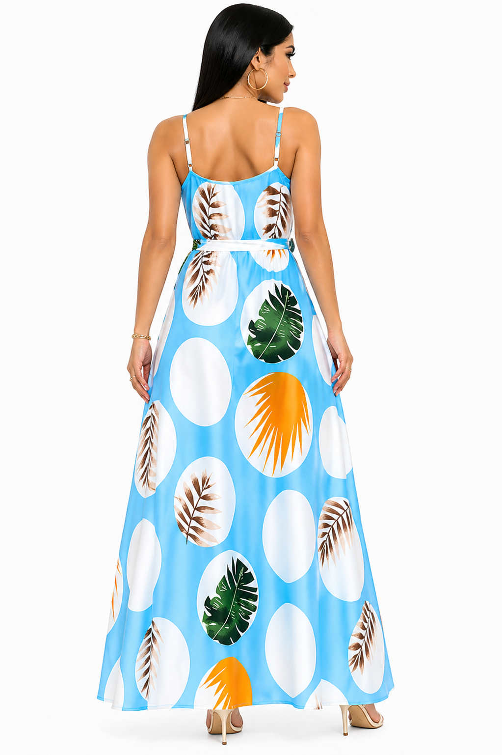 Vestido Longo com Estampa Tropical Alana Azul Claro