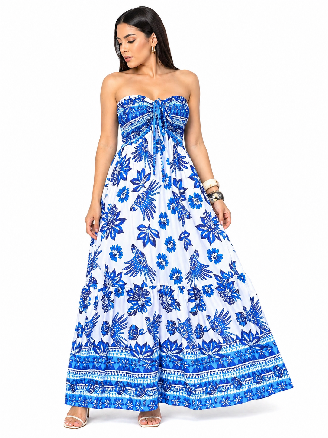 Vestido Longo Tomara que Caia Estampado com Recorte Moderno Azul