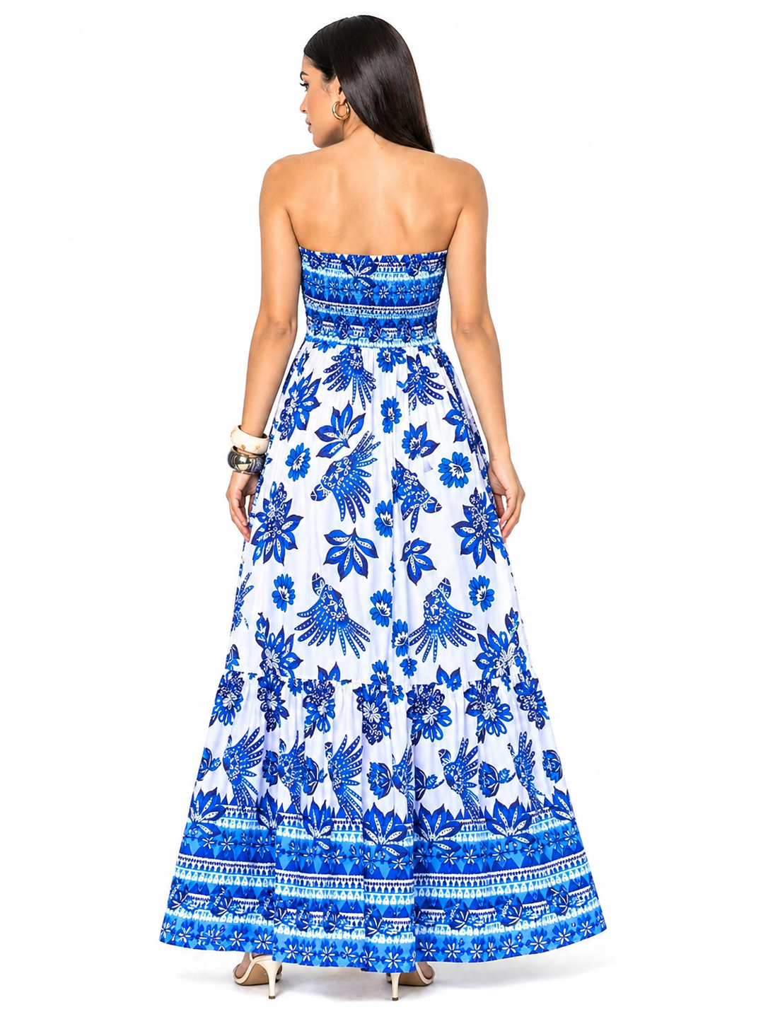 Vestido Longo Tomara que Caia Estampado com Recorte Moderno Azul