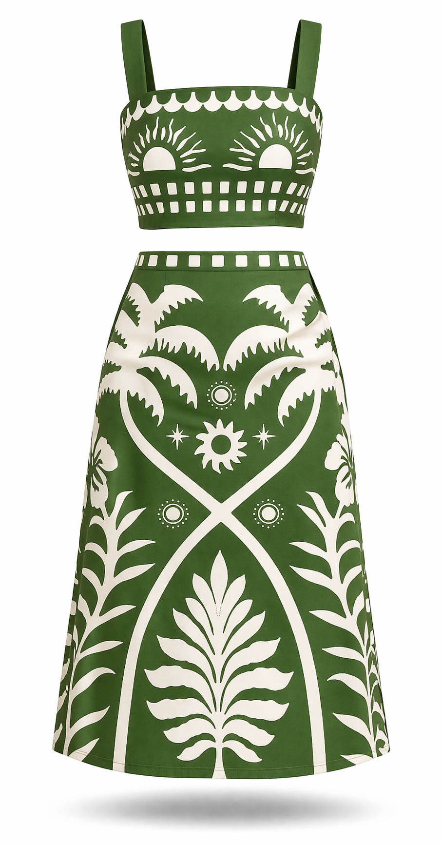 Conjunto Jéssica – Cropped e Saia Midi Estampada Tropical