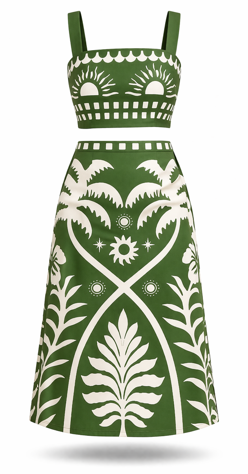 Conjunto Jéssica – Cropped e Saia Midi Estampada Tropical
