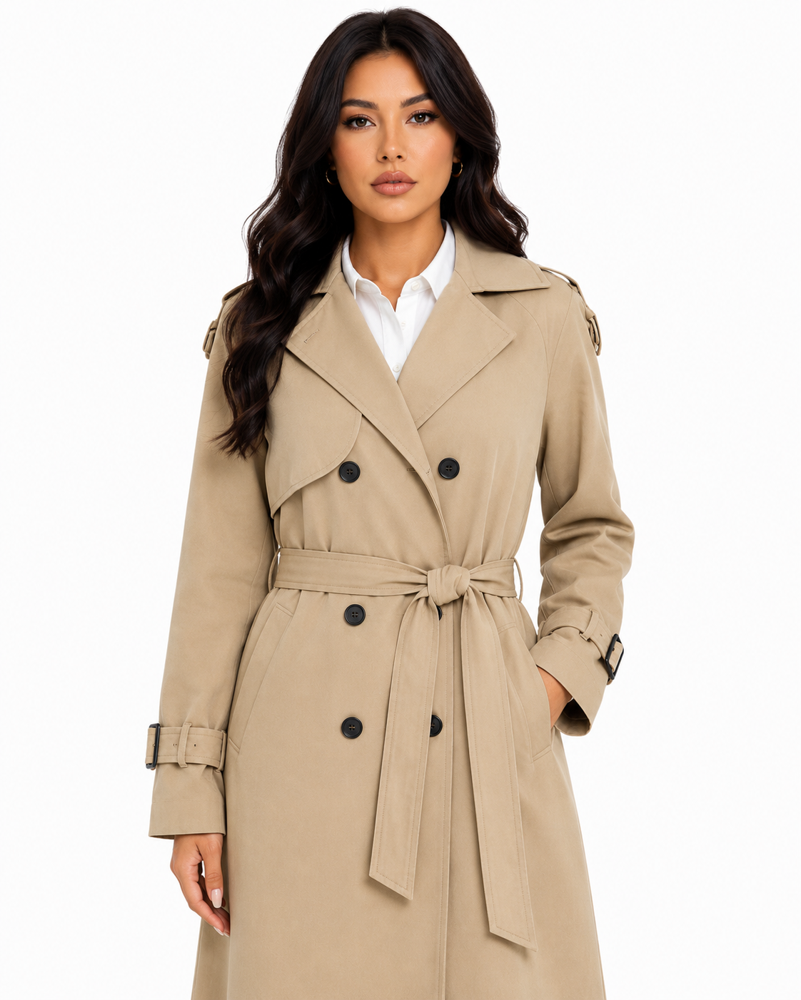 Sobretudo Feminino Amanda Bege | Trench Coat Térmico Forrado com Cinto