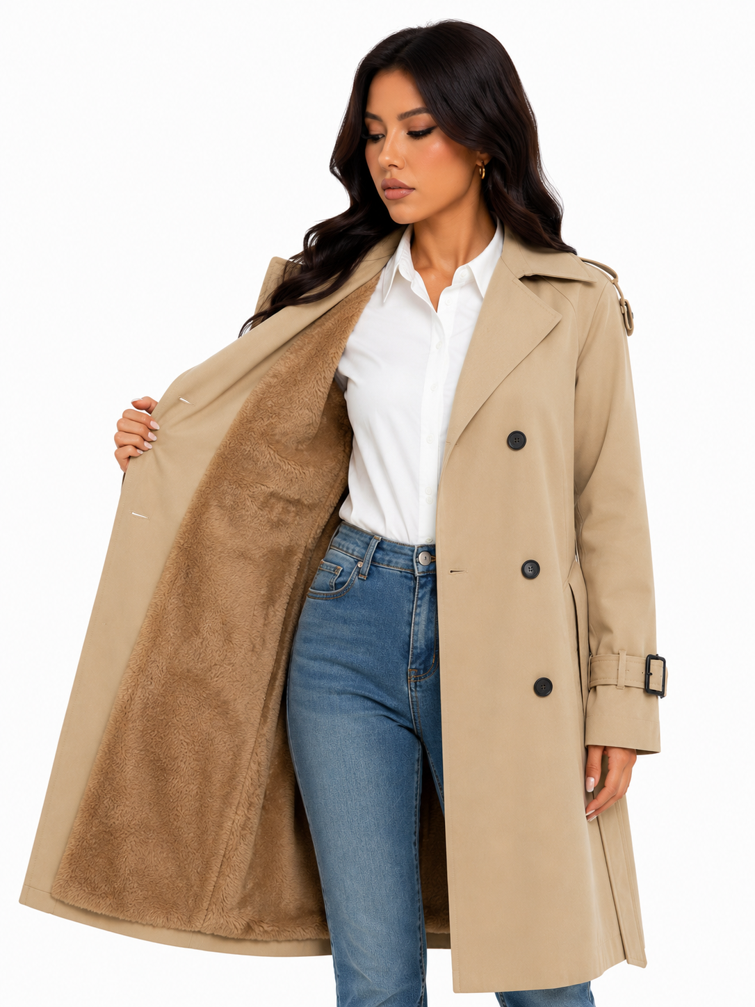 Sobretudo Feminino Amanda Bege | Trench Coat Térmico Forrado com Cinto