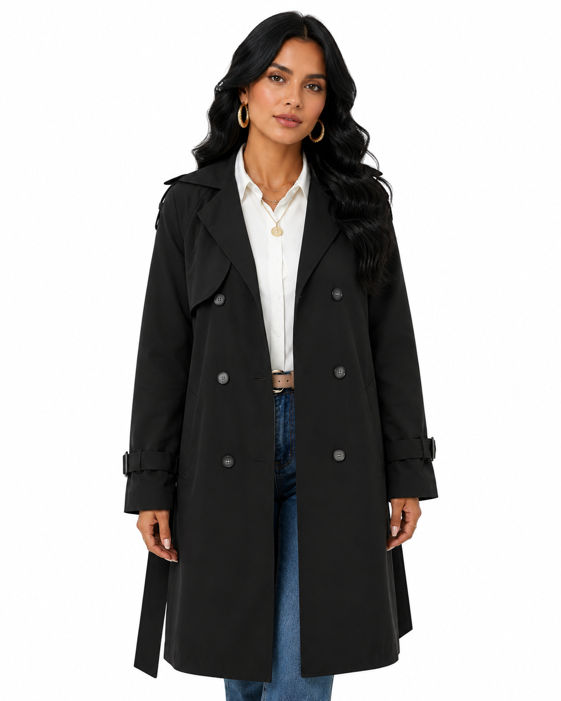 Sobretudo Feminino Amanda Preto | Trench Coat Térmico Forrado com Cinto
