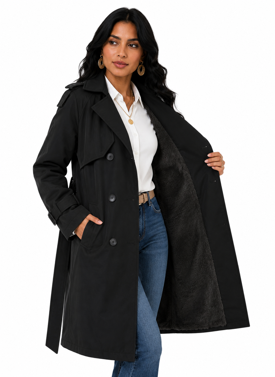Sobretudo Feminino Amanda Preto | Trench Coat Térmico Forrado com Cinto