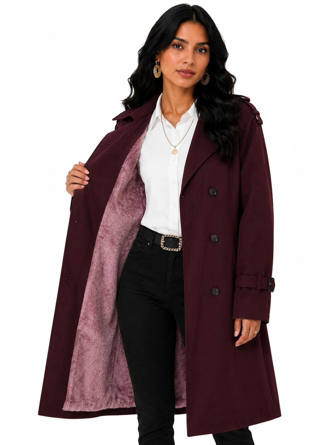 Sobretudo Feminino Amanda Vinho | Trench Coat Térmico Forrado com Cinto