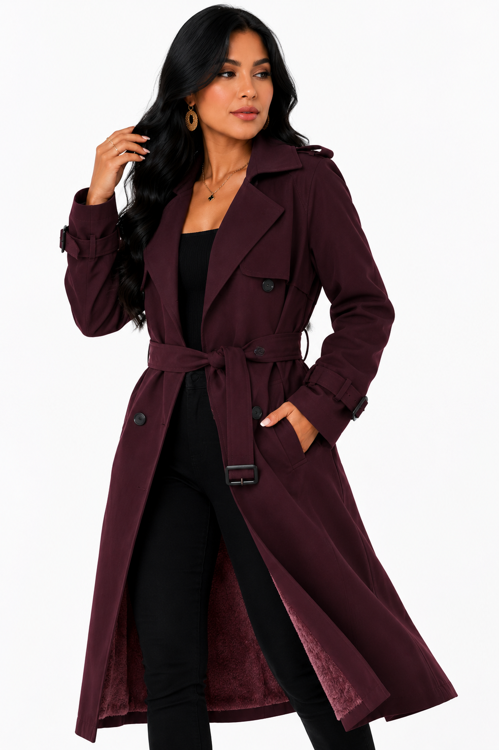 Sobretudo Feminino Amanda Vinho | Trench Coat Térmico Forrado com Cinto