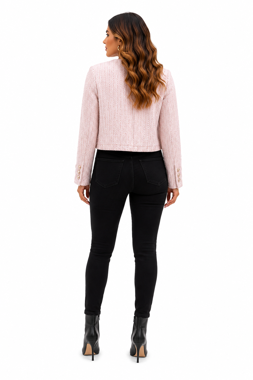 Casaco Feminino Rosa Tweed Botões Dourados