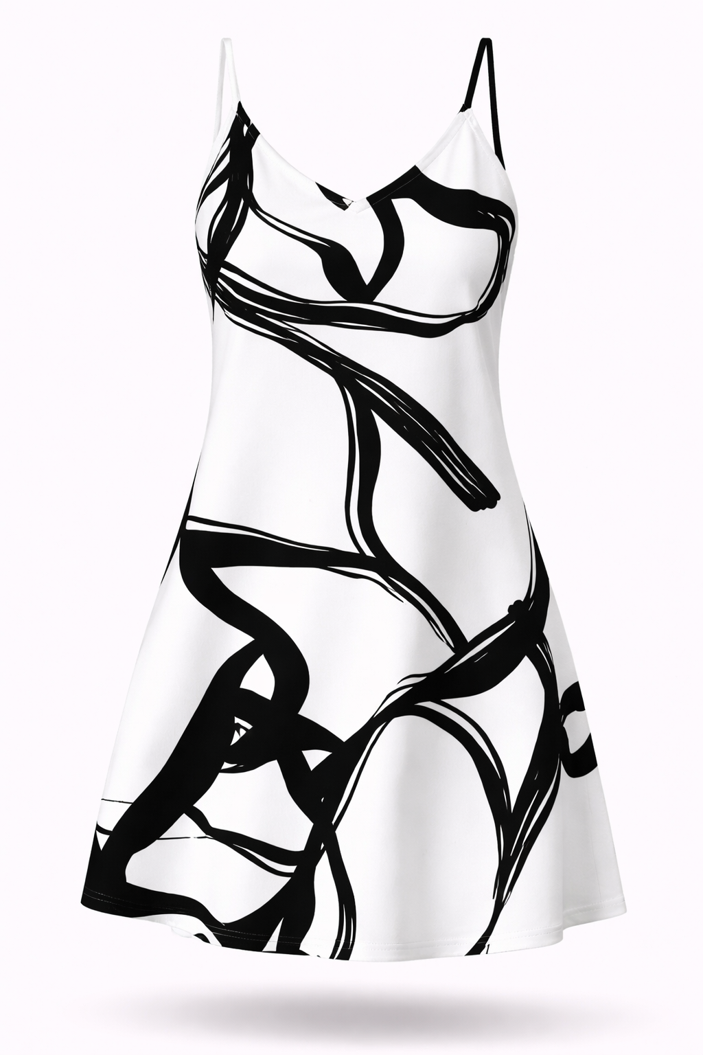 Vestido Curto Monique – Estampa Abstrata P&B com Alças Finas