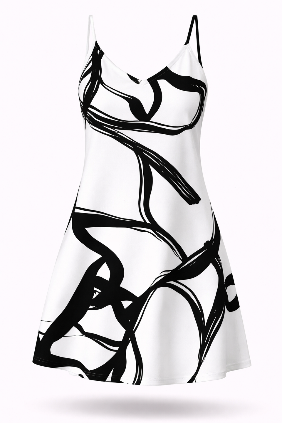 Vestido Curto Monique – Estampa Abstrata P&B com Alças Finas