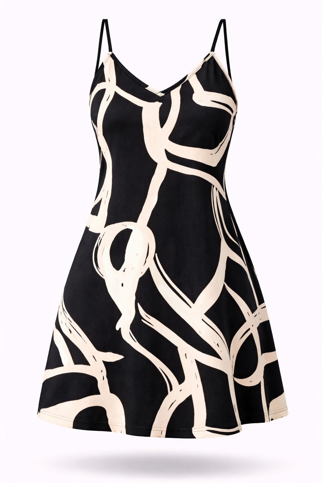 Vestido Curto Monique – Estampa Abstrata P&B com Alças Finas