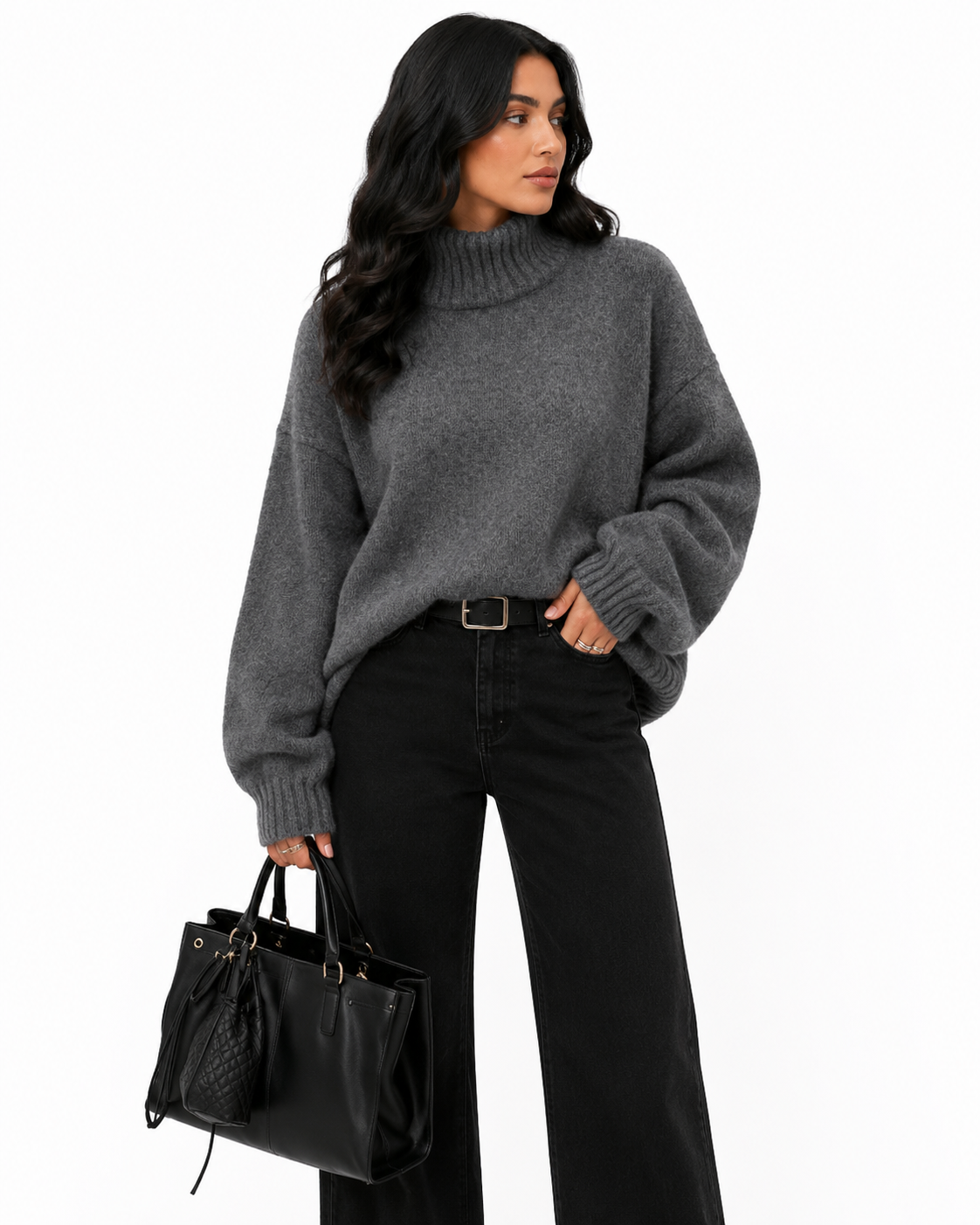 Casaco Feminino Gola Alta Oversized Cinza