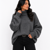 Casaco Feminino Gola Alta Oversized Cinza