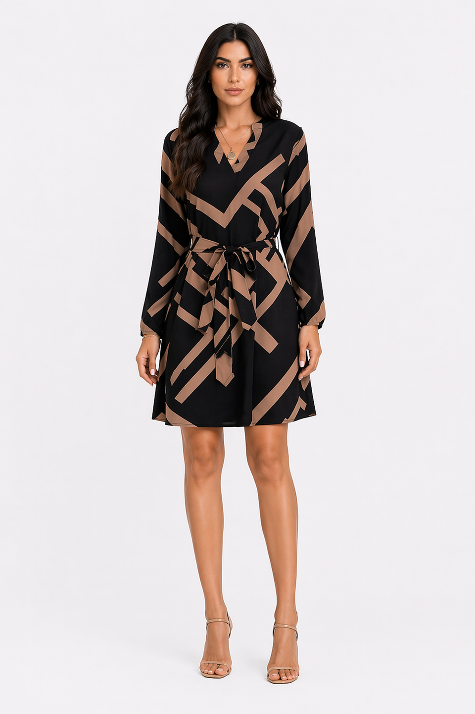 Vestido Curto Transpassado Estampa Geométrica Elegance Preto