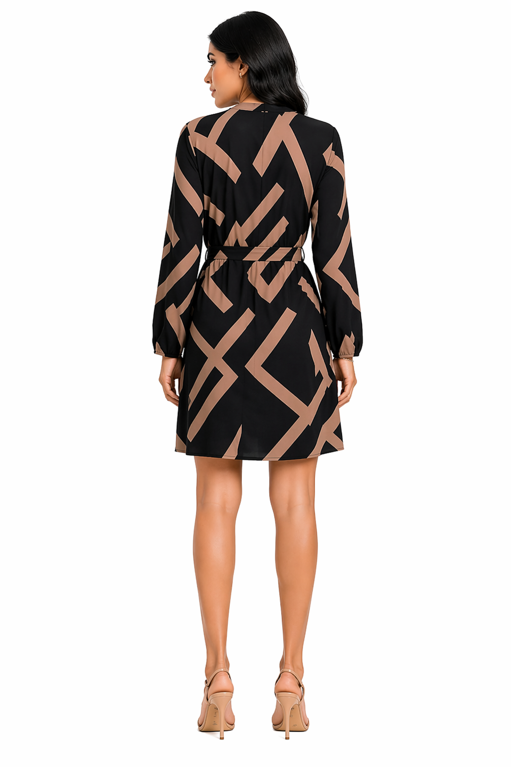 Vestido Curto Transpassado Estampa Geométrica Elegance Preto