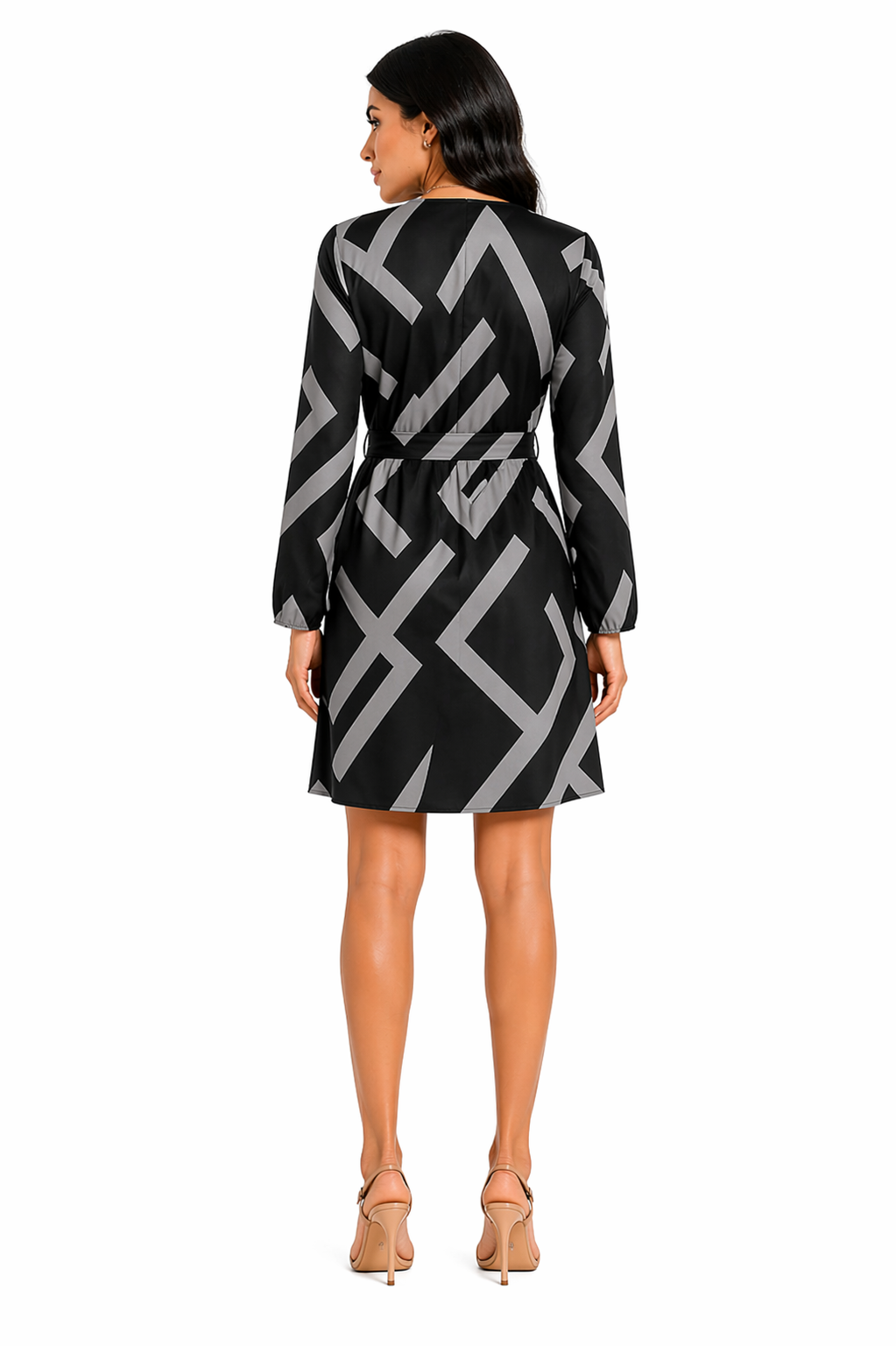 Vestido Curto Transpassado Estampa Geométrica Elegance Cinza