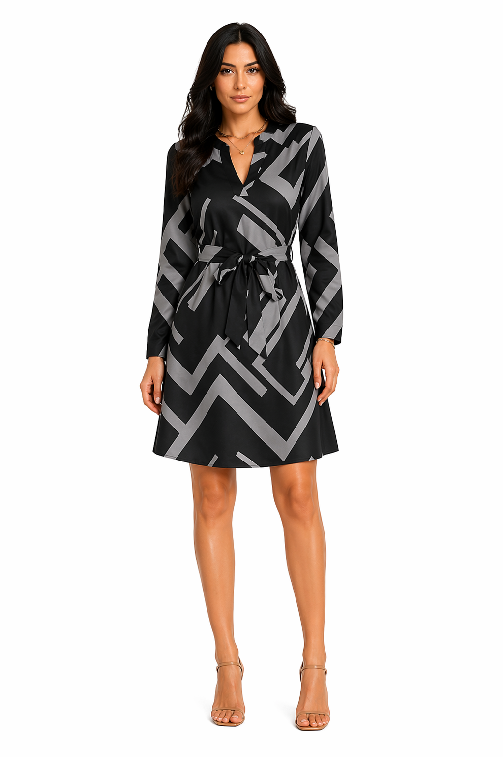 Vestido Curto Transpassado Estampa Geométrica Elegance Cinza