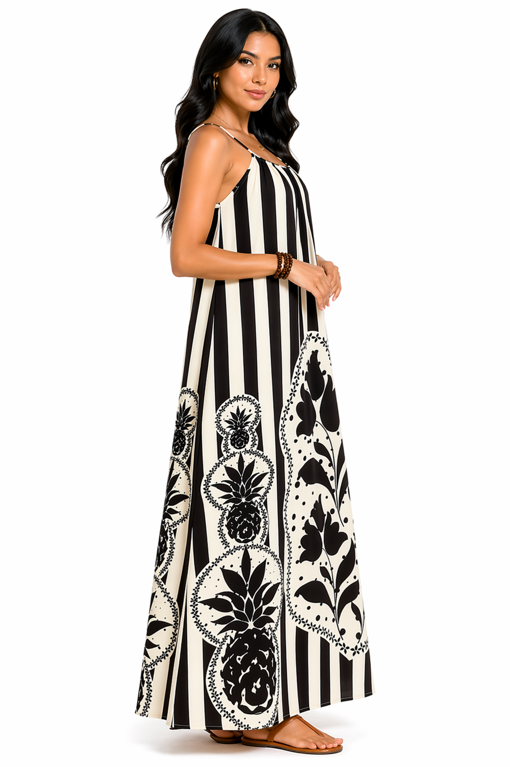 Vestido Plus Size Longo Estampado Tropical com Toque Descontraído Preto