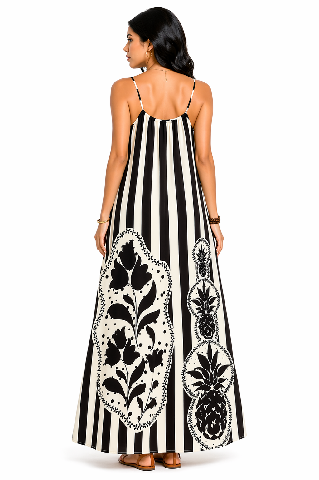 Vestido Plus Size Longo Estampado Tropical com Toque Descontraído Preto