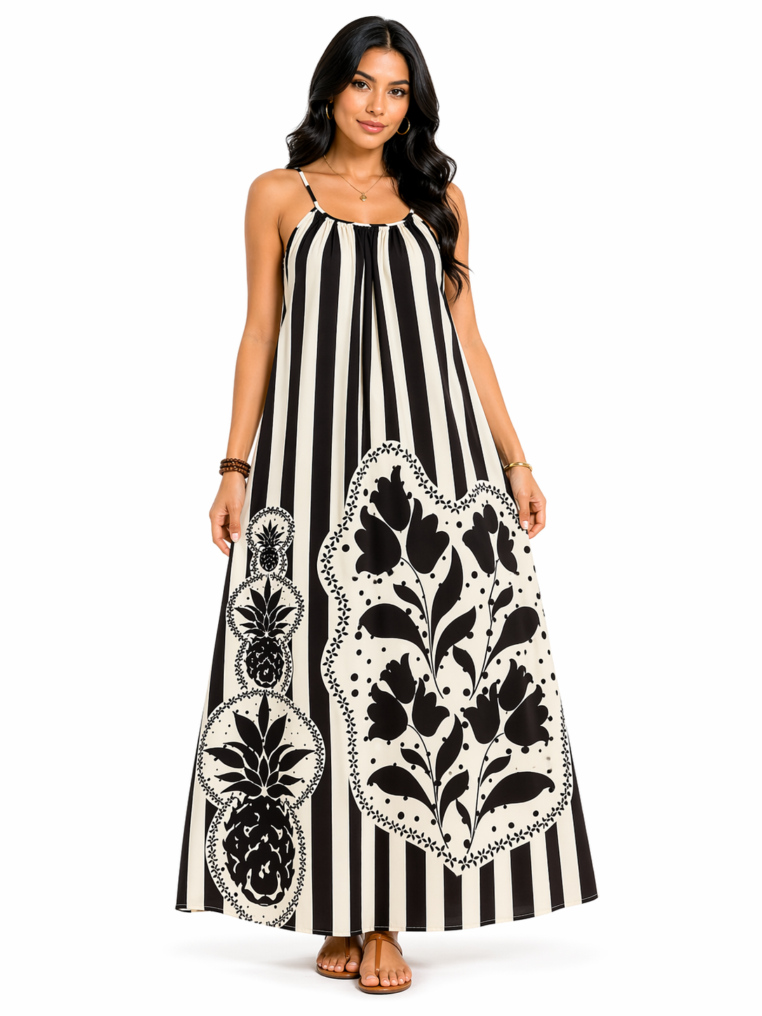 Vestido Plus Size Longo Estampado Tropical com Toque Descontraído Preto