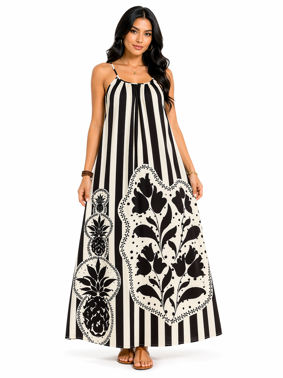 Vestido Plus Size Longo Estampado Tropical com Toque Descontraído Preto