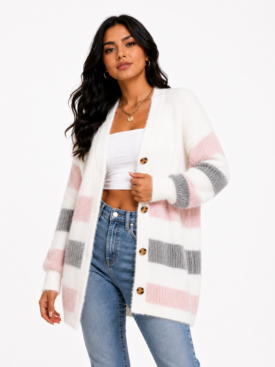 Cardigan Feminino Tricô Listrado Rosé Soft
