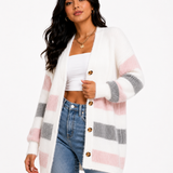 Cardigan Feminino Tricô Listrado Rosé Soft