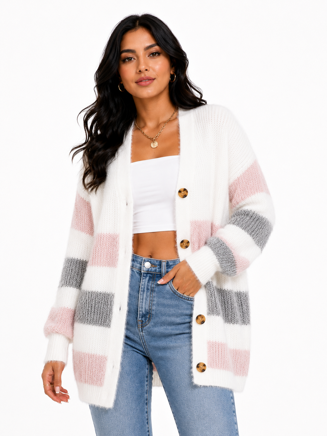 Cardigan Feminino Tricô Listrado Rosé Soft