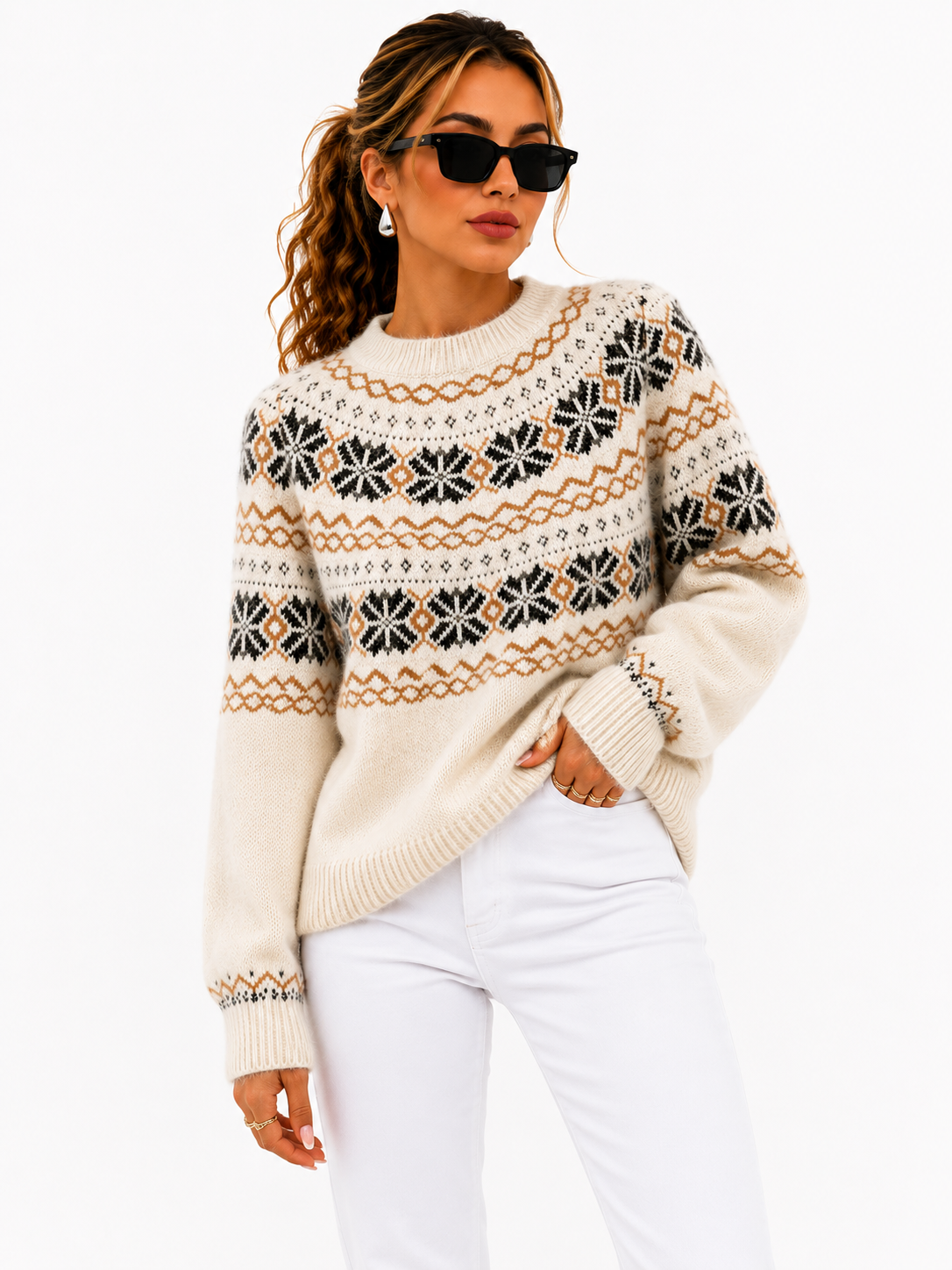 Suéter Feminino Tricô Nórdico Flocos de Neve
