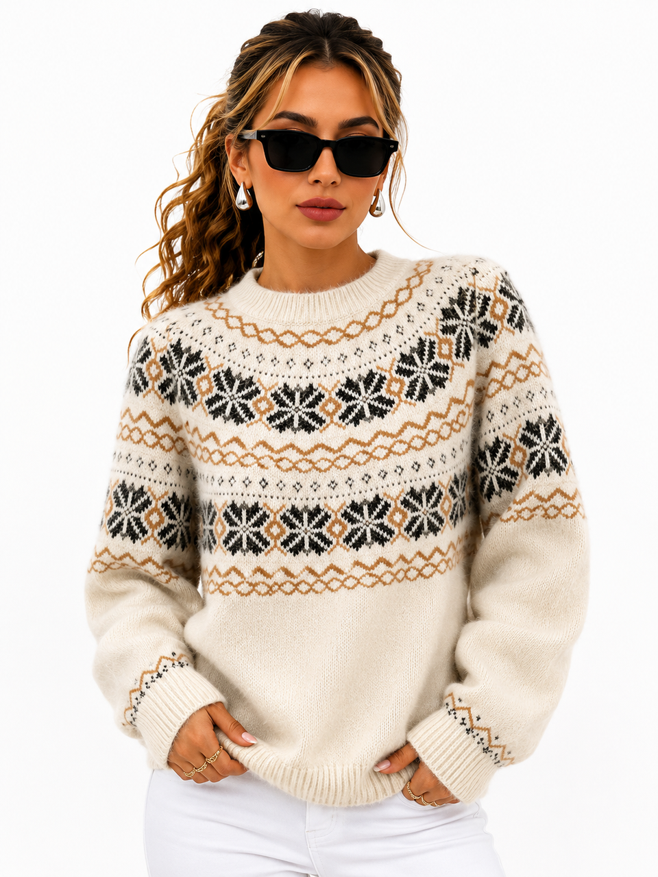 Suéter Feminino Tricô Nórdico Flocos de Neve