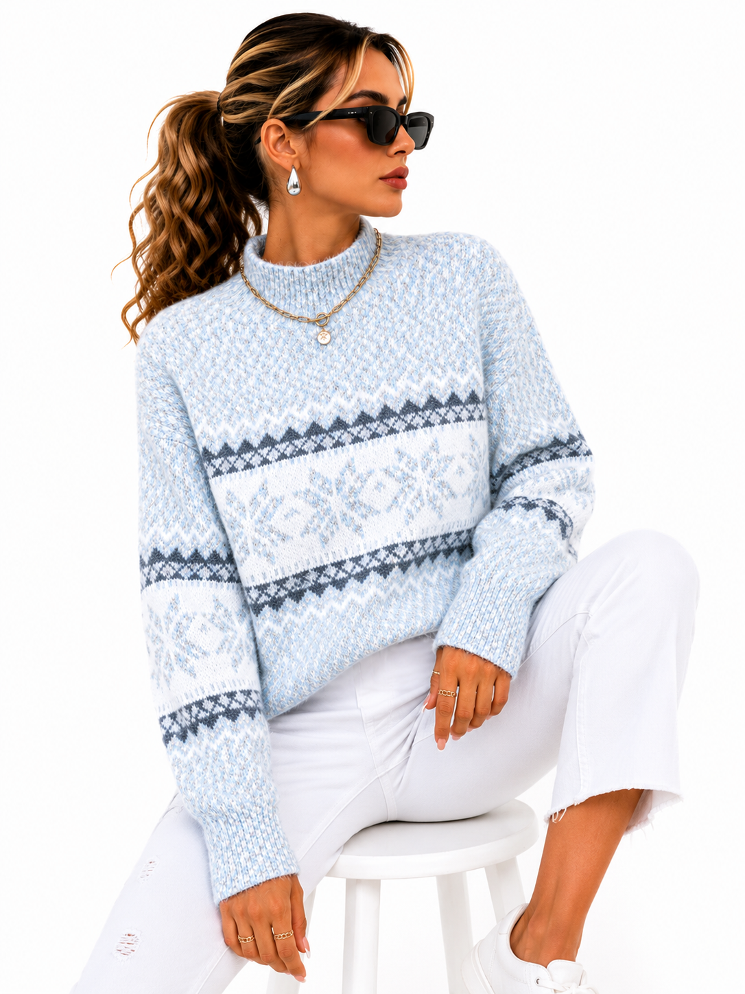 Suéter Feminino Tricô Nórdico Azul Glacial