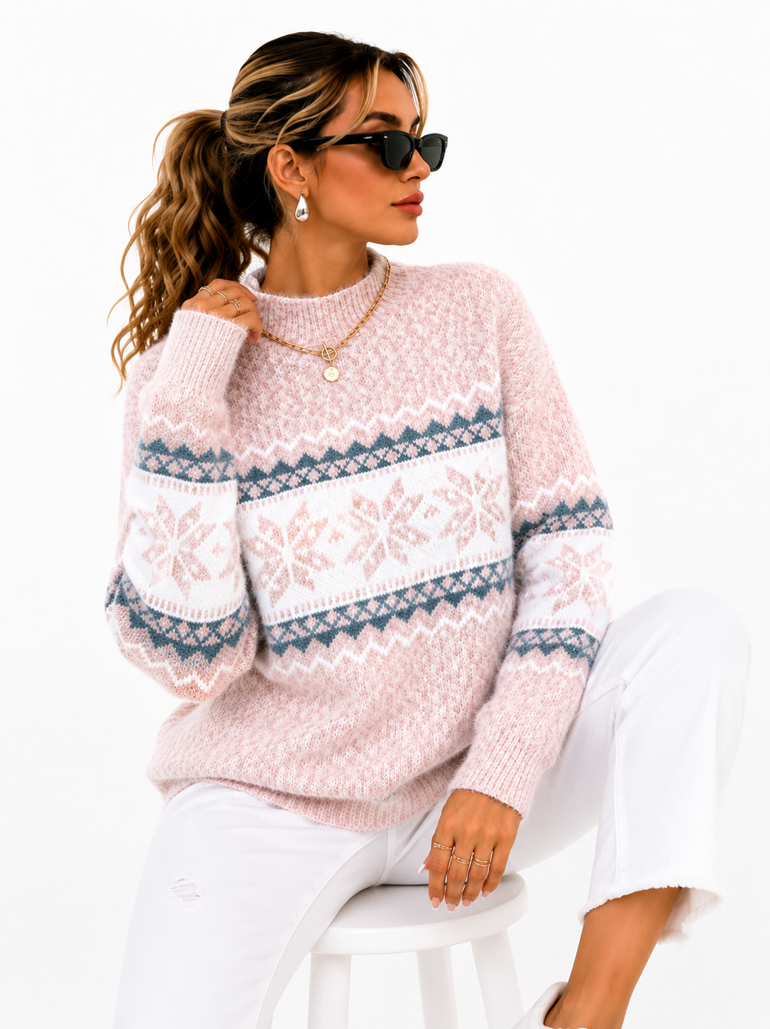 Suéter Feminino Tricô Nórdico Rosa Inverno