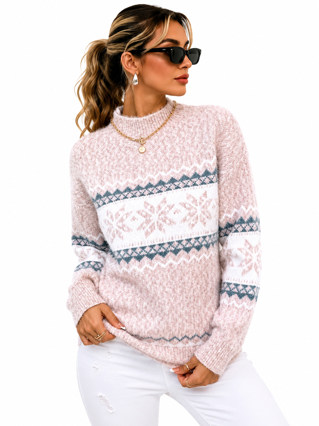 Suéter Feminino Tricô Nórdico Rosa Inverno